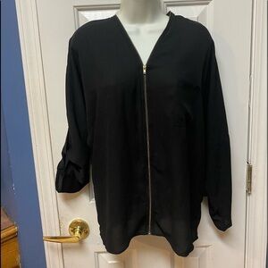 Cleo Apparel Womens size S Small Black Long Rolled Tab Sleeve Top Shirt Blouse